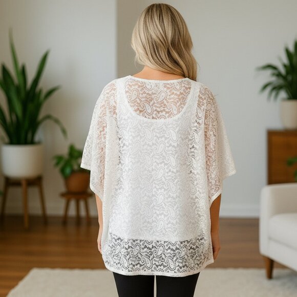NEW Womens White Lace Top, Elegant Pull Over Kimono - Picture 2 of 8